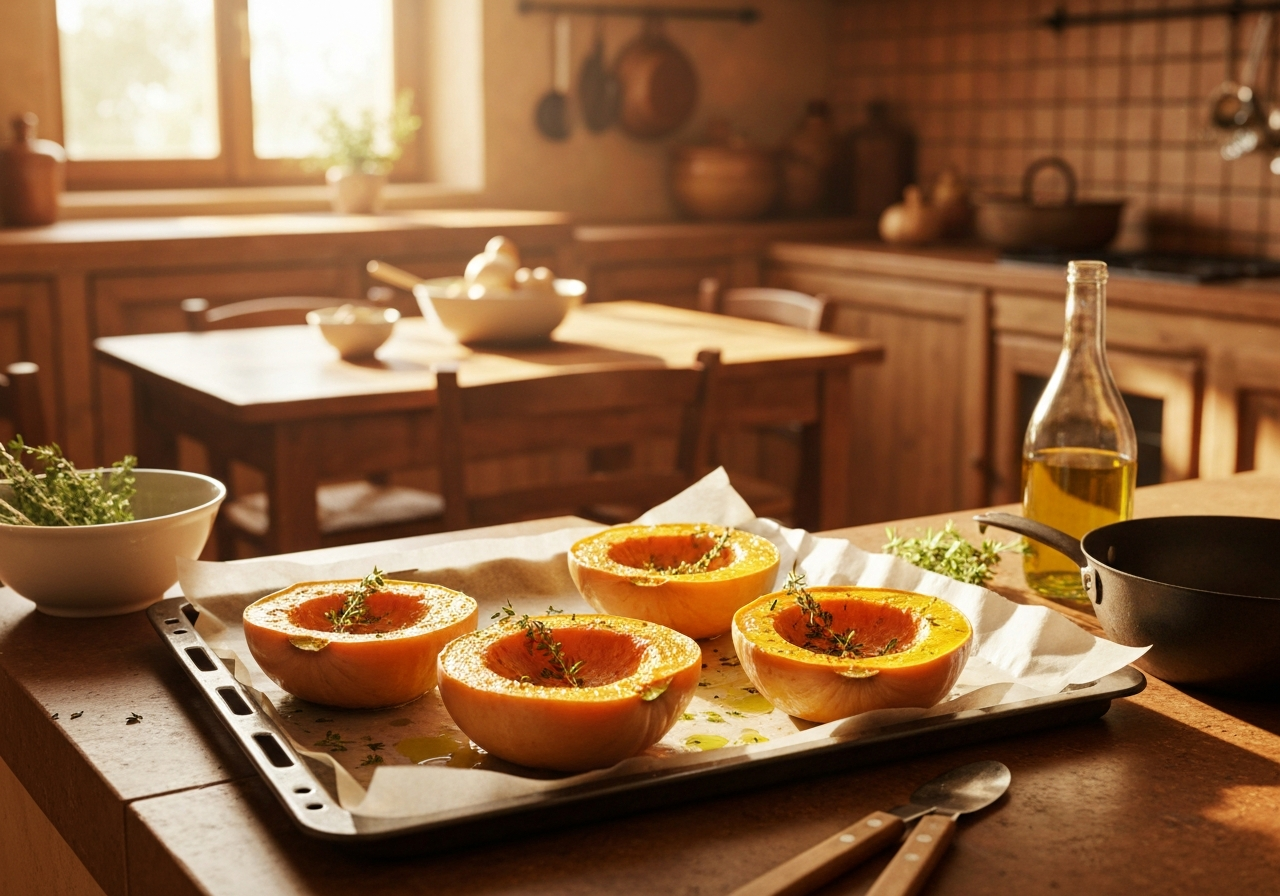 Vellutata di zucca in ciotola rustica con semi tostati e olio extravergine